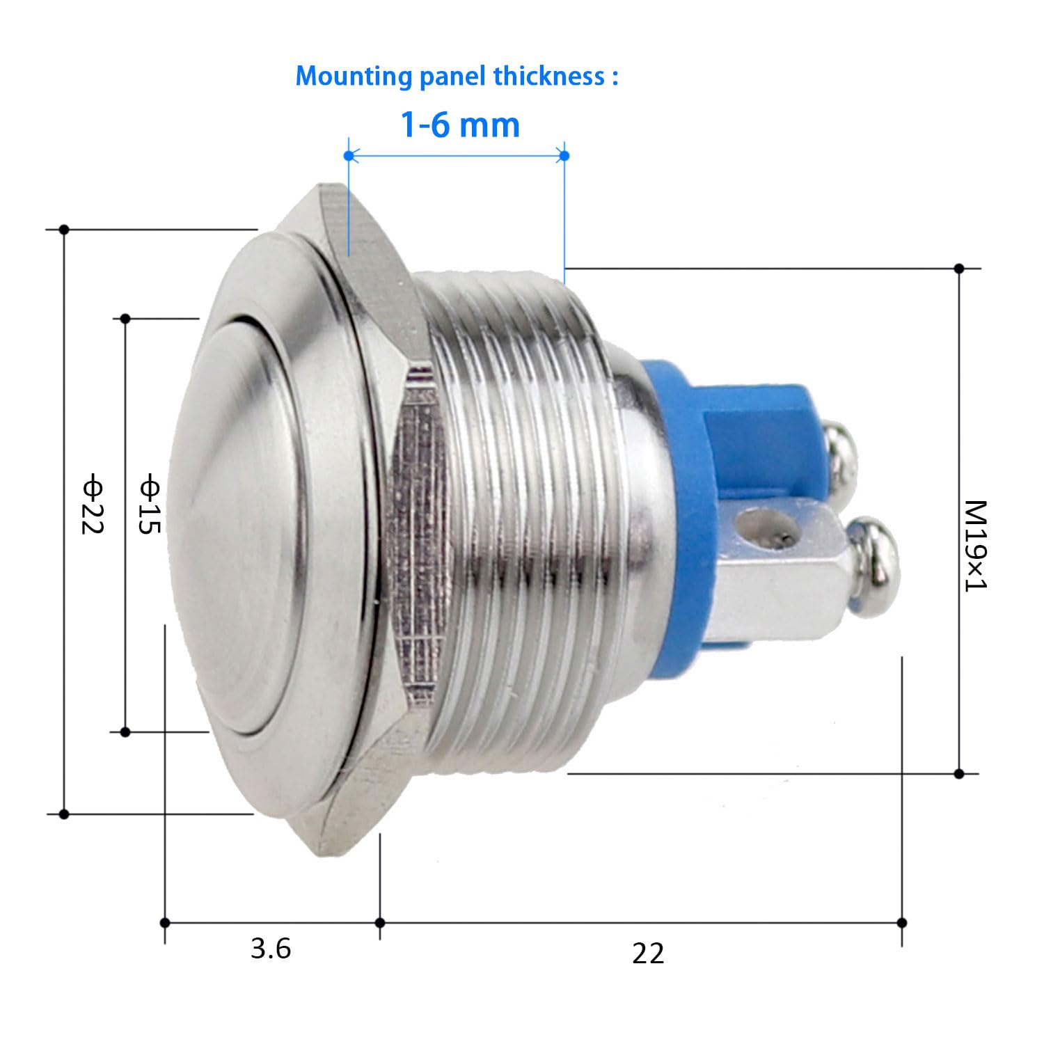 5pcs 19MM Domed Momentary Push Button Switch 36V Without LED, Waterproof Marine Push Button Wire Socket Plug, for Marine and Car (Domed, 19mm)