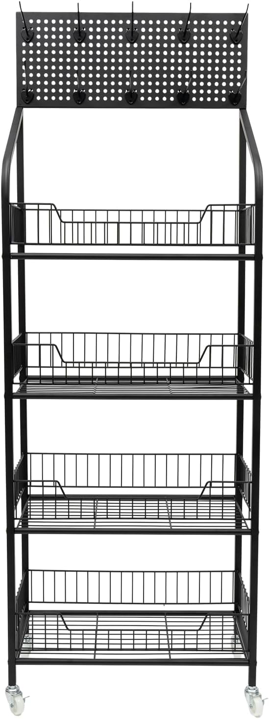 Snack Candy Display Organizer,4 Tier Retail Display Rack Stand, Snack Rack, Basket Stand Cart for Store Kitchen, Floor-Standing Supermarket Retail Display Shelf with 10 Hooks (Black)