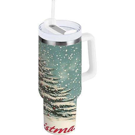 ATTX 30 oz Vintage Christmas Tree Tumbler with Handle: Double-Walled Insulation for...