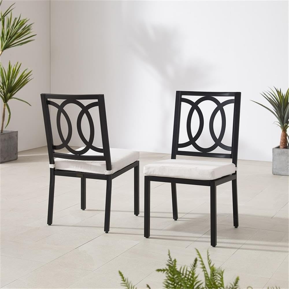 Pemberly Row Metal Outdoor Dining Chair Set of 2, 36.5" H x 18.75" W x 19.5" D, Matte Black Finish, Cream Cushions, Weather-Resistant Steel, UV and Rust Resistant Balcony or Patio Furniture