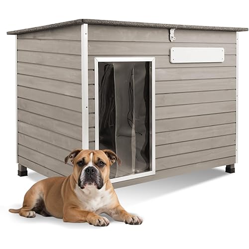 Medium Wooden Dog House Outdoor, Weatherproof Dog Houses with Adjustable Vent Windows, Alloy Chew-Resistant Frame, Removable Floor for Medium & Small Dogs (34" L x 22" W x 25" H)