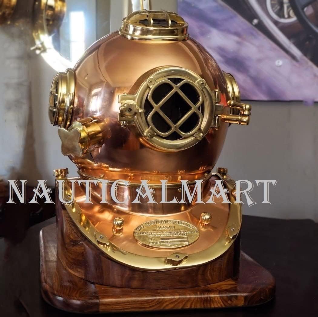 NauticalMart Diving Divers Helmet Us Navy Mark V Helmet Solid Copper & Brass with Base Antique
