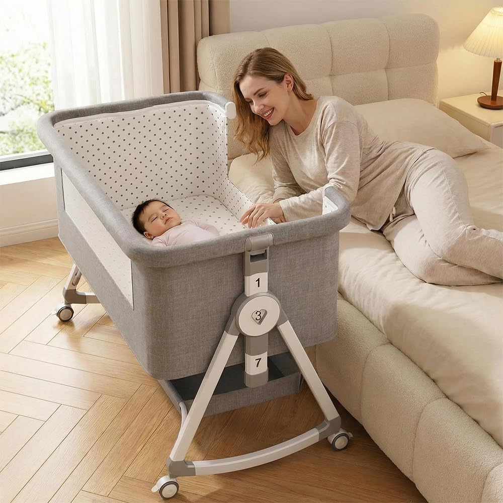 Baby Bassinet, 3-in-1 Bedside Sleeper with Mosquito Net, 7 Adjustable Heights, Portable Folding Infant Crib with Wheels, Gray (Gray) | Height Adjustment, Large Storage, Silent Wheels, Rocking Cradle Mode