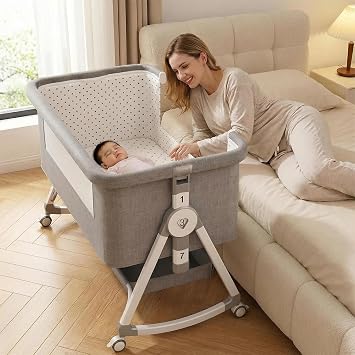 Baby Bassinet, 3-in-1 Bedside Sleeper with Mosquito Net, 7 Adjustable Heights, Portable Folding Infant Crib with Wheels, Gray Gray | Height Adjustment