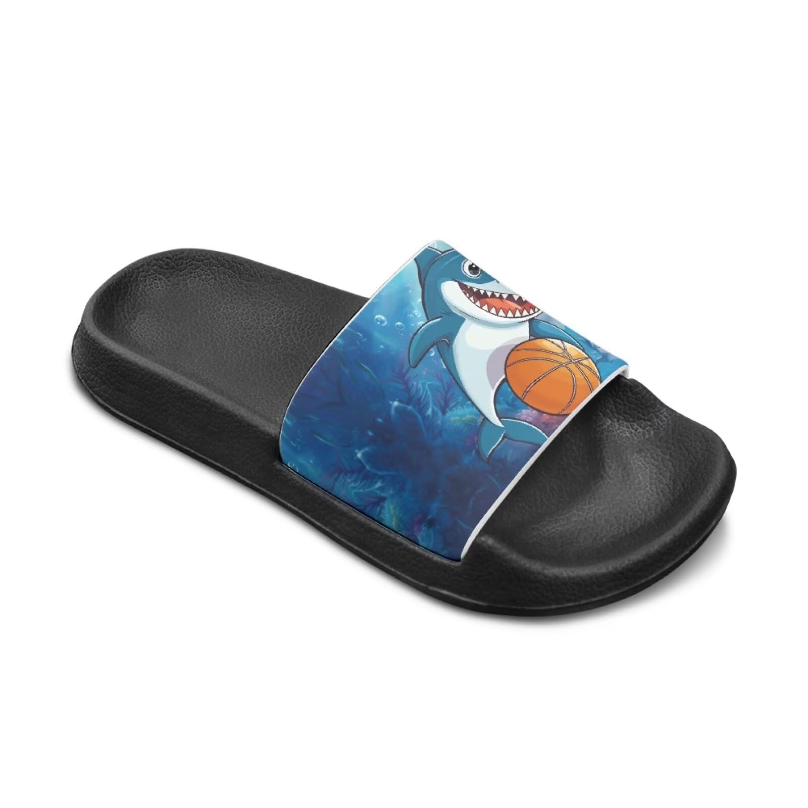 Fonplted Fun Cartoon Kids Slide Sandals Shark & Basketball Shower Shoes for Boys Size 11.5 Little Kid Comfy Pool Slides for Water Park Playing/Beach Vacation