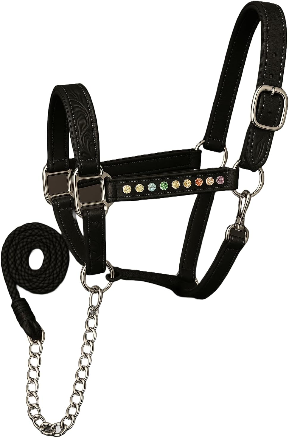 Handcrafted Leather Horse Halter – Tooled Design with Crystals, Cushioned Padding, Adjustable Fit, Chain Lead Pony M134