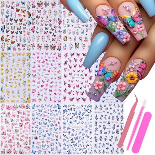 Butterfly Nail Art Sticker Decals 14 PCS Summer Flower Nail Decals with Tweezers 3D Self Adhesive Stickers Colorful Butterflies Designs Nail Art Decoration Manicure Supplies for Women