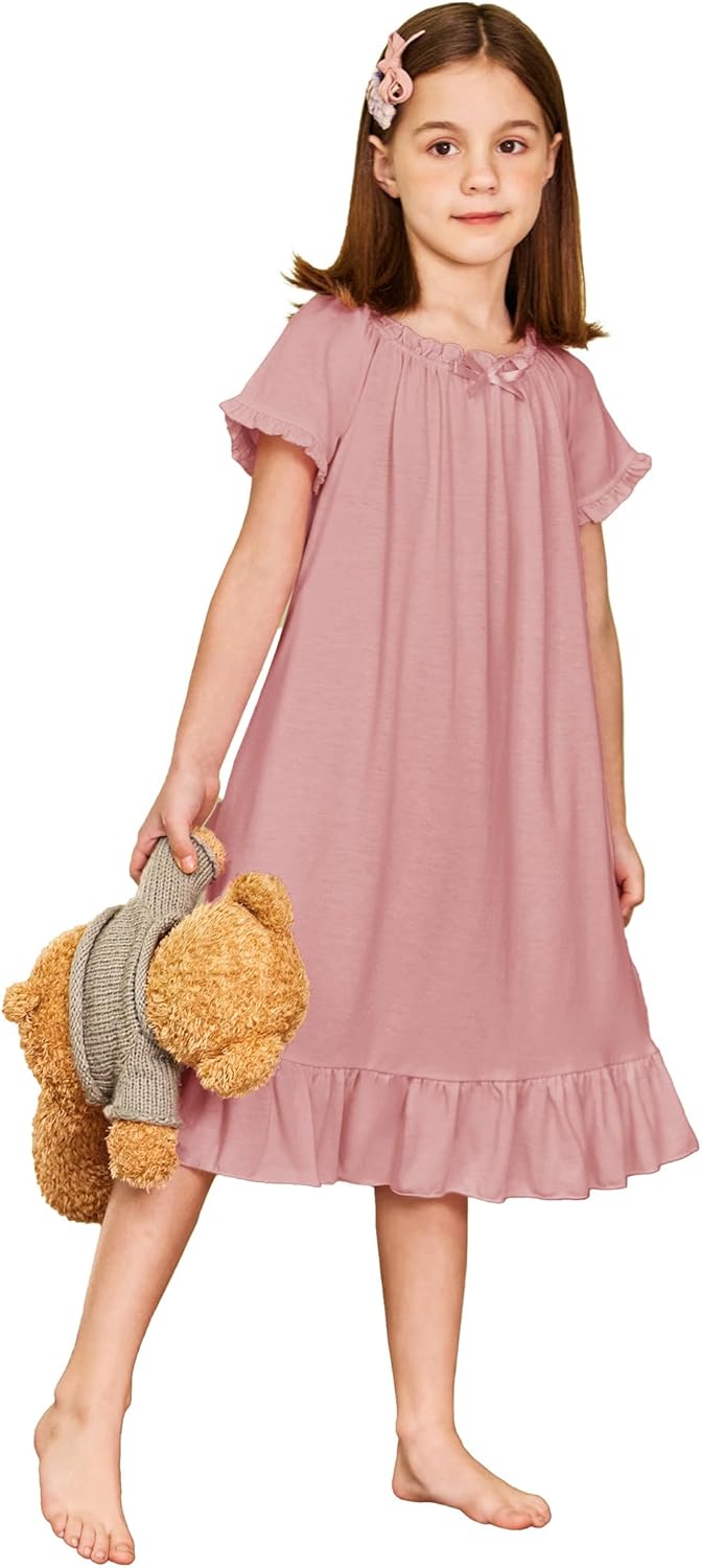 Arshiner Girls Nightgowns Sleepwear Short Sleeve Victorian Pajama Dress Soft Princess Sleepshirt for 3-12 Years Kids
