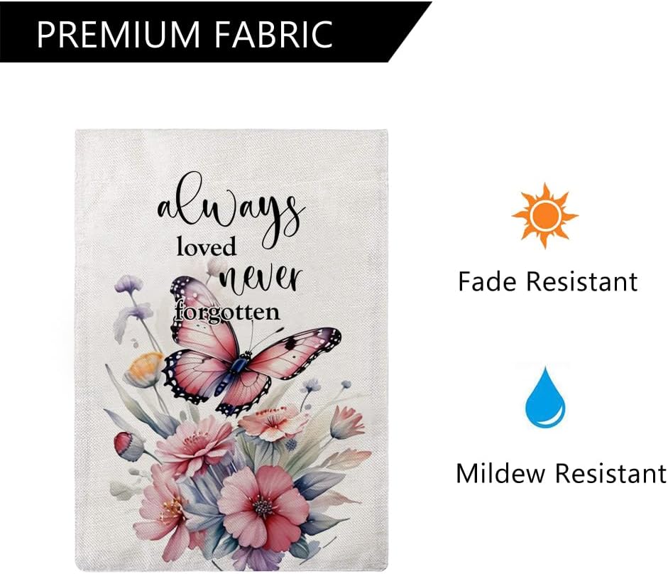 Butterfly Flowers Garden Flag 12.5 x 18 Inch Always Loved Never Forgotten Memorial Garden Flag Double Sided Spring Summer Yard Flags for Outdoor Seasonal Porch Lawn Decor (Pink) - Image 7