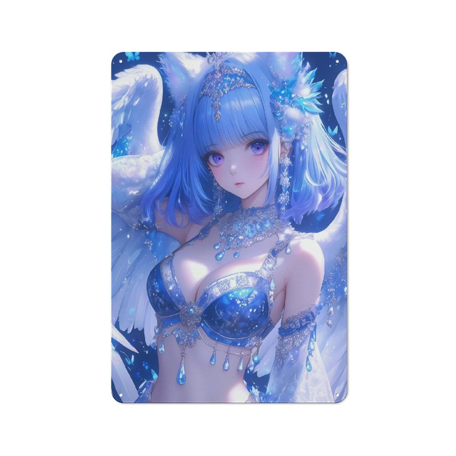 Junmoney Style-22 Blue-Haired Angel With Win Character Metal Wall Decor 30X20cm, Vintage Metal Sign For Home, Shop, Pub Or Studio Wall
