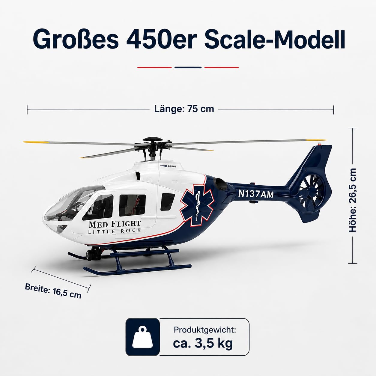 EC135 450 Scale RC Helikopter für Erwachsene, Professioneller 6CH Hubschrauber mit GPS Positionierung, Bürstenloser Motor & GFK-Rumpf, Realistisches 4-Blatt Rotorsystem RTF (Blau-Weiß)