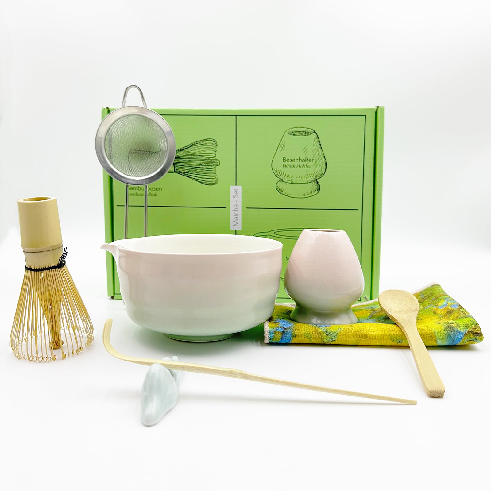 8 Pcs Gradient Pink Matcha Kit - Matcha Whisk Set and Bowl, Matcha Making Kit Whisk, Bowl With Spout, Powder Starter Sifter, Ceramic Whisk Holder,