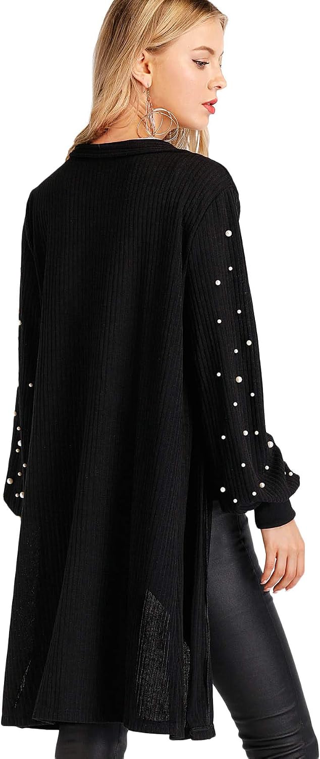 Floerns Women's Open Front Pearl Beading Lantern Sleeve Sweater Long Cardigan