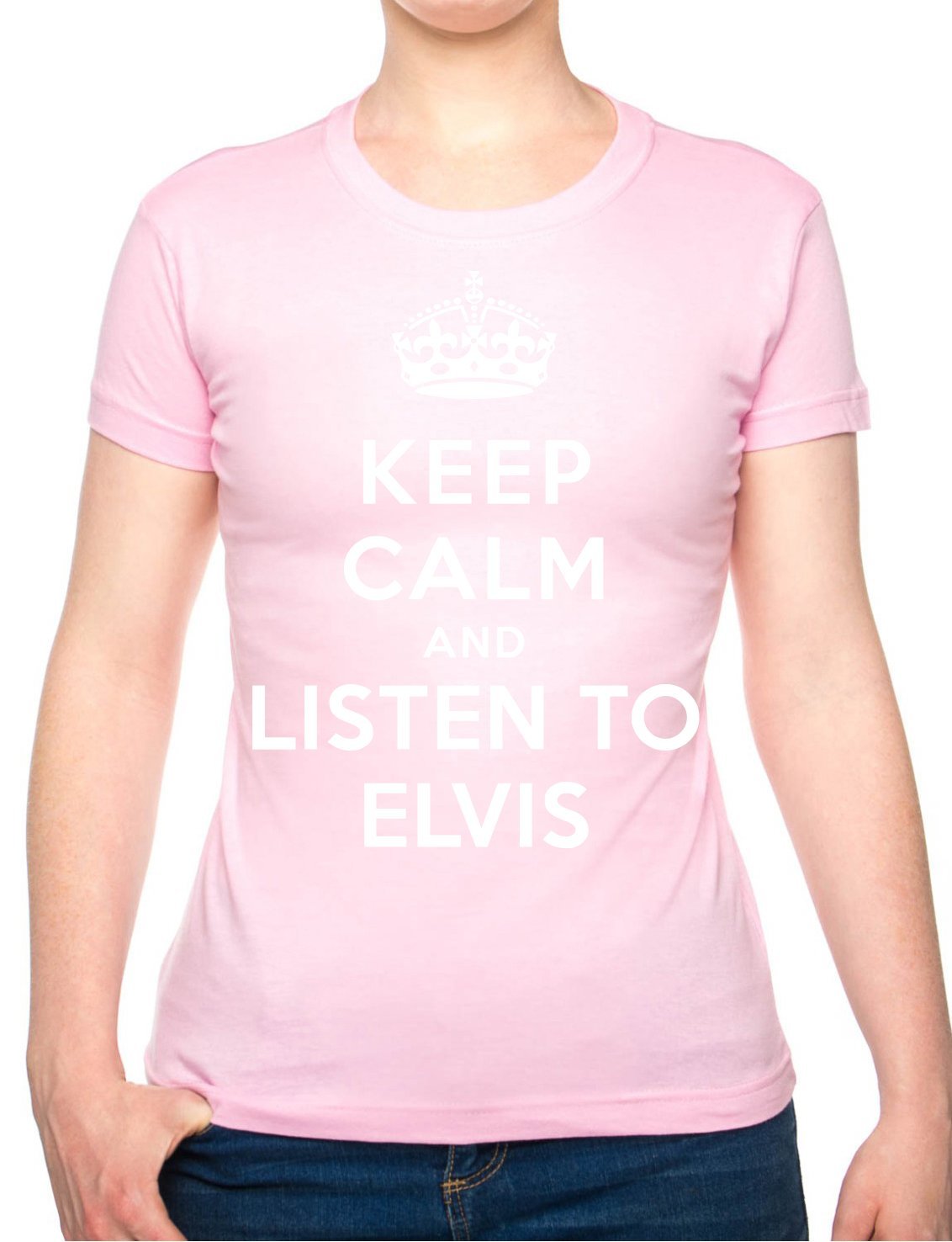 Print4u Women's Pink Keep Calm Listen To Elvis Music Gift T-Shirt Fit Xxl