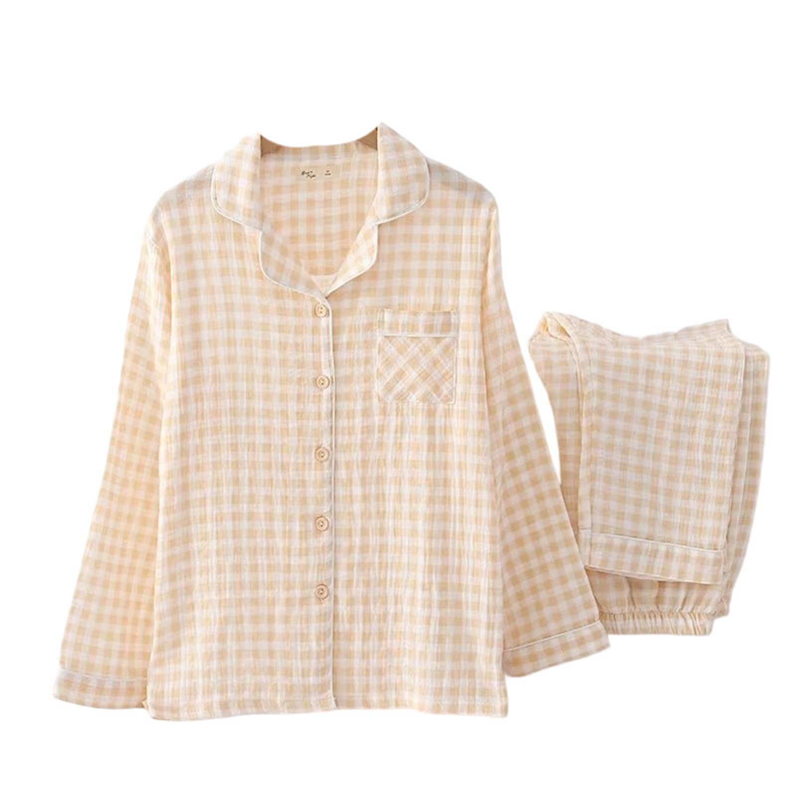 Conjunto de pijama de algodón para mujer con estampado a cuadros de manga larga para primavera, otoño, ropa de descanso simple y delgada