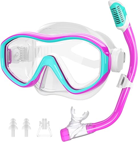 Vista 10 de Kids Mask Snorkel Set for Age 5-15,Dry Top Snorkeling Gear for Kids Boys Girls Junior & Youth, Tempered Glass Snorkel Mask with Fins for Swimming