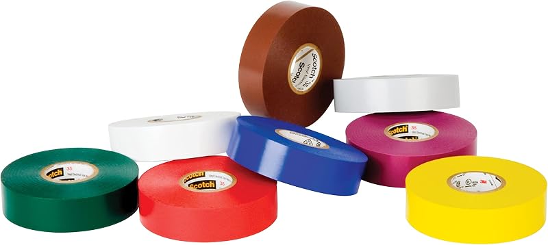 Cinta aislante 3M Scotch 35, 1/2 pulg. x 20 pies, 8 rollos, multicolor | Codificación de colores de vinilo, 7 mil de espesor, grado premium, cinta retardante de llama, codificación de colores, certificación UL, certificación CSA