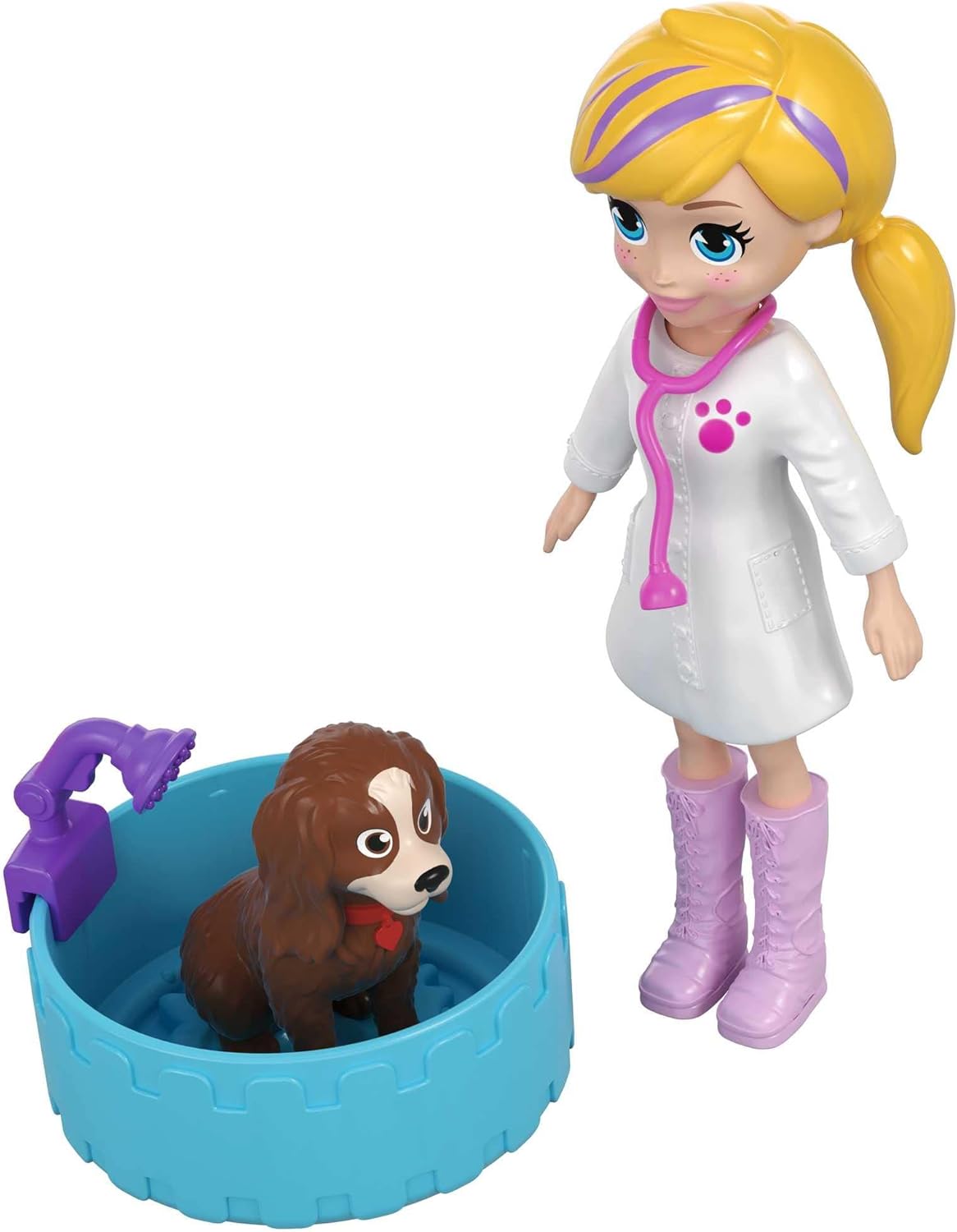 Polly doll in a vet uniform, holding a stethoscope, standing next to a brown dog figure in a blue tub with a shower head.