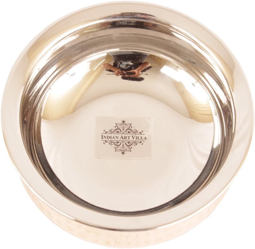 Indian Art Villa Pure Copper 3 Pieces Set of Handi, Spoon & Angithi/Sigdi With Brass Stand, For Serving Hot Dishes Vegetables at Home, Hotel & Restaurant Tableware Serveware Dishware, Volume- 60 Oz