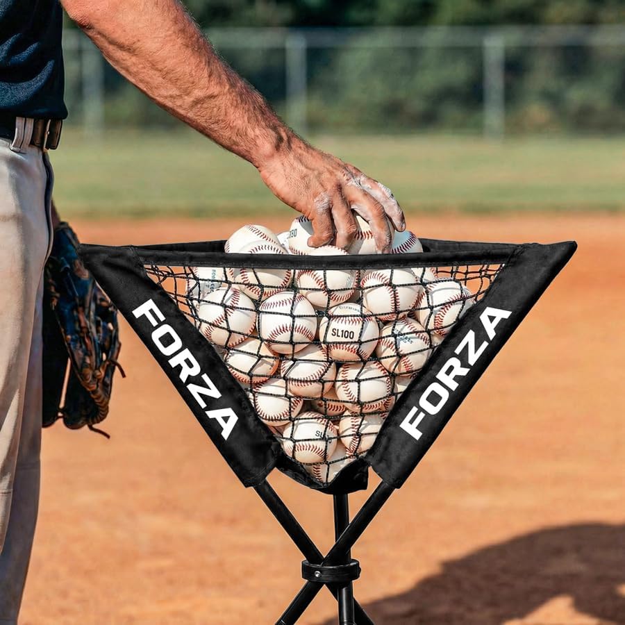 FORZA Portable Pop-Up Ball Caddy - Foldable Ball Hopper for Baseball, Softball & Cricket, 60 Ball Capacity, Metal Frame with Carry Bag