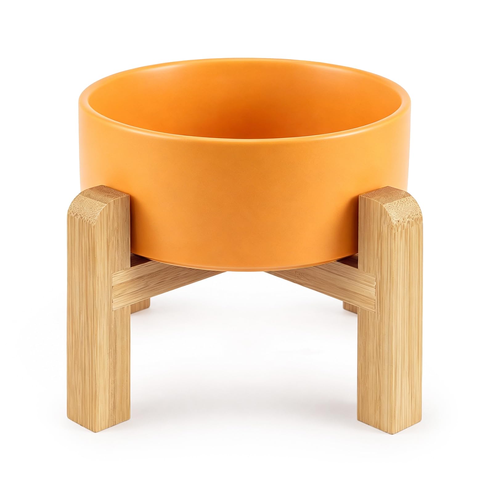Minifactory Ceramic Raised Cat Bowl with Bamboo Stand, Elevated Cat Food and Water Bowl, Adjustable Height Pet Feeding Bowl, Anti Vomiting Cat Dish, Non Slip Bowl for Cats and Small Dogs (Yellow, S)