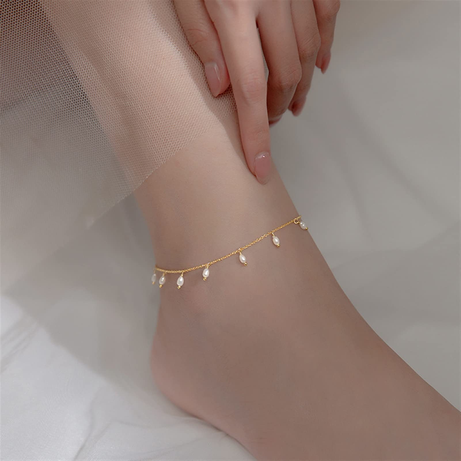Fußkettchen/Fußkettchen Fußkettchen Damen, 925 Sterling Silber Perlenquaste Fußkettchen Einfache verstellbare Fußkettchen Feine Fußketten für Frauen Fußkettchen (Farbe: Silber)