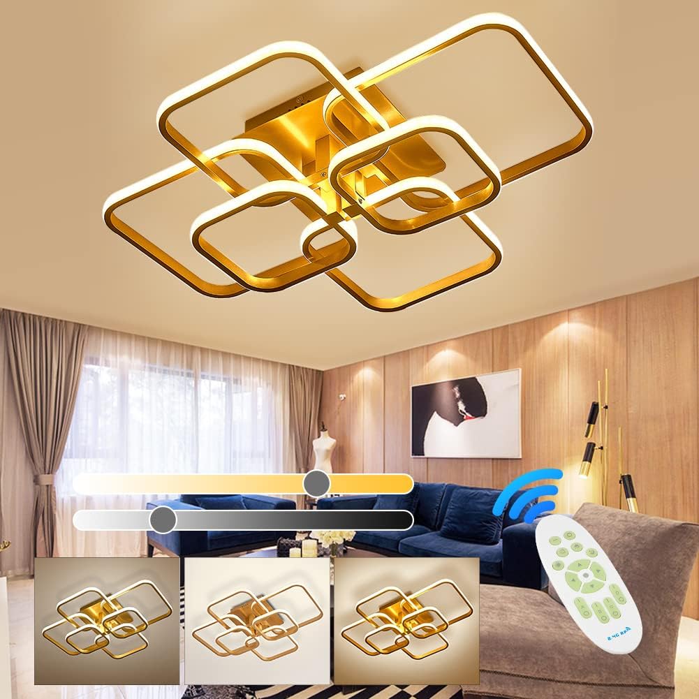 LED Dimmable Ceiling Lights with Remote, Chandelier Ceiling Light with 6 Squares, Flush Mount Ceiling Lamp for Living Room Kitchen Office Bedroom Dining Room(2800k-6000k, Gold, 10-20㎡)