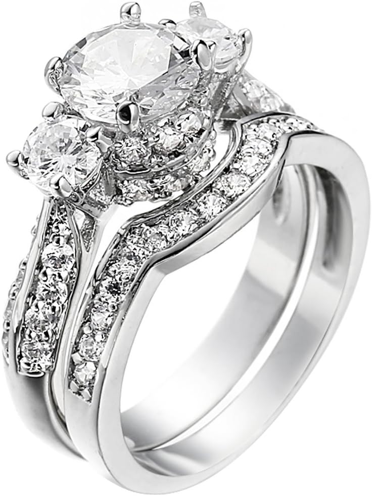 Wedding Band Engagement Ring Set for Women Round White AAA Cz Size 4-12