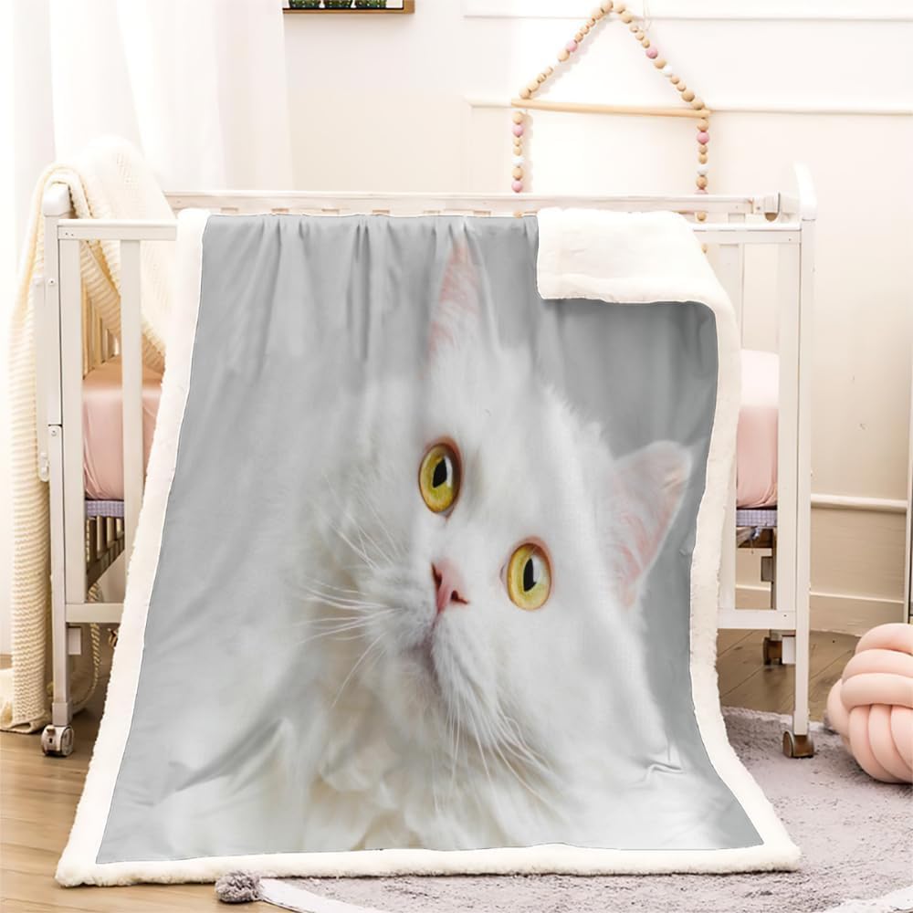 Couverture en sherpa blanc chat pour des soirées cocooning sur le canapé