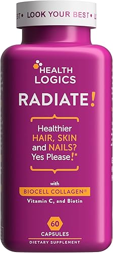 Health Logics Radiate Cabello piel y uñas con biotina, colágeno BioCell, vitamina C, ácido hialurónico Clínicamente evaluado para reducir