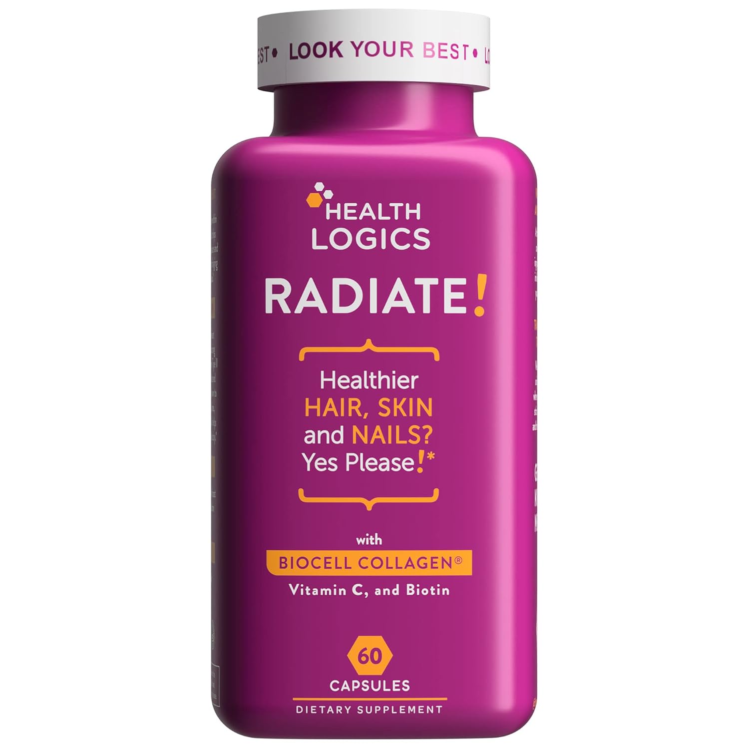 Health Logics Radiate | Hair Skin & Nails with Biotin, BioCell Collagen, Vitamin C, Hyaluronic Acid | Clinically Evaluated to Reduce Facial Lines, Wrinkles, Crows Feet & Promote...
