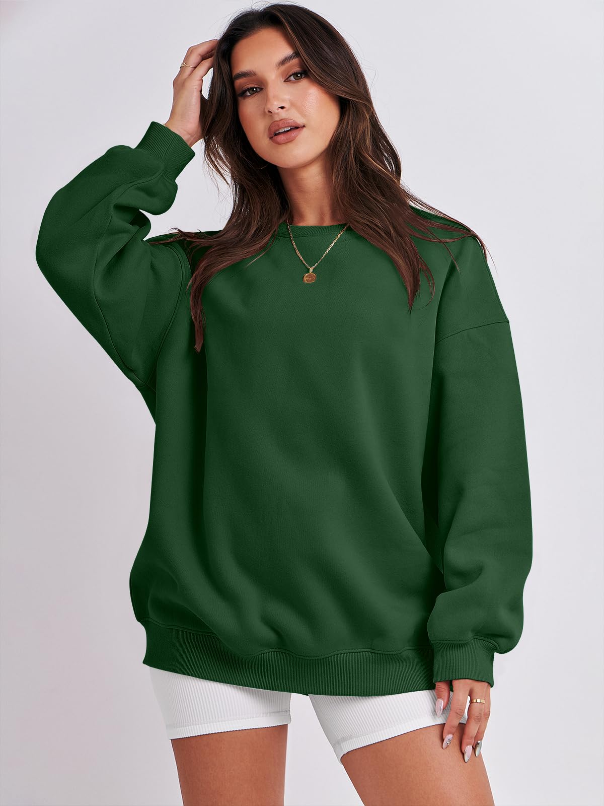 Damskie bluzy oversize bluzy z kapturem polar okrągły dekolt sweter top codzienne jesienne stroje preppy ubrania nastolatki 2024 A1019 światło, Jeden kolor, Deep Green_X-Small