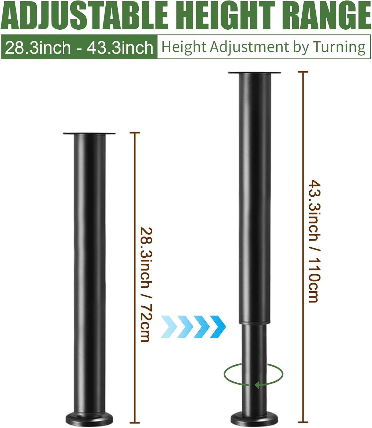 Furniture Legs Metal Adjustable 4 Pcs 28.34-43.3 inch, Adjustable Cabinet Legs for Sofa/Bed/Chair/Dresser/Table, Bed Center Slat Support Legs, Black