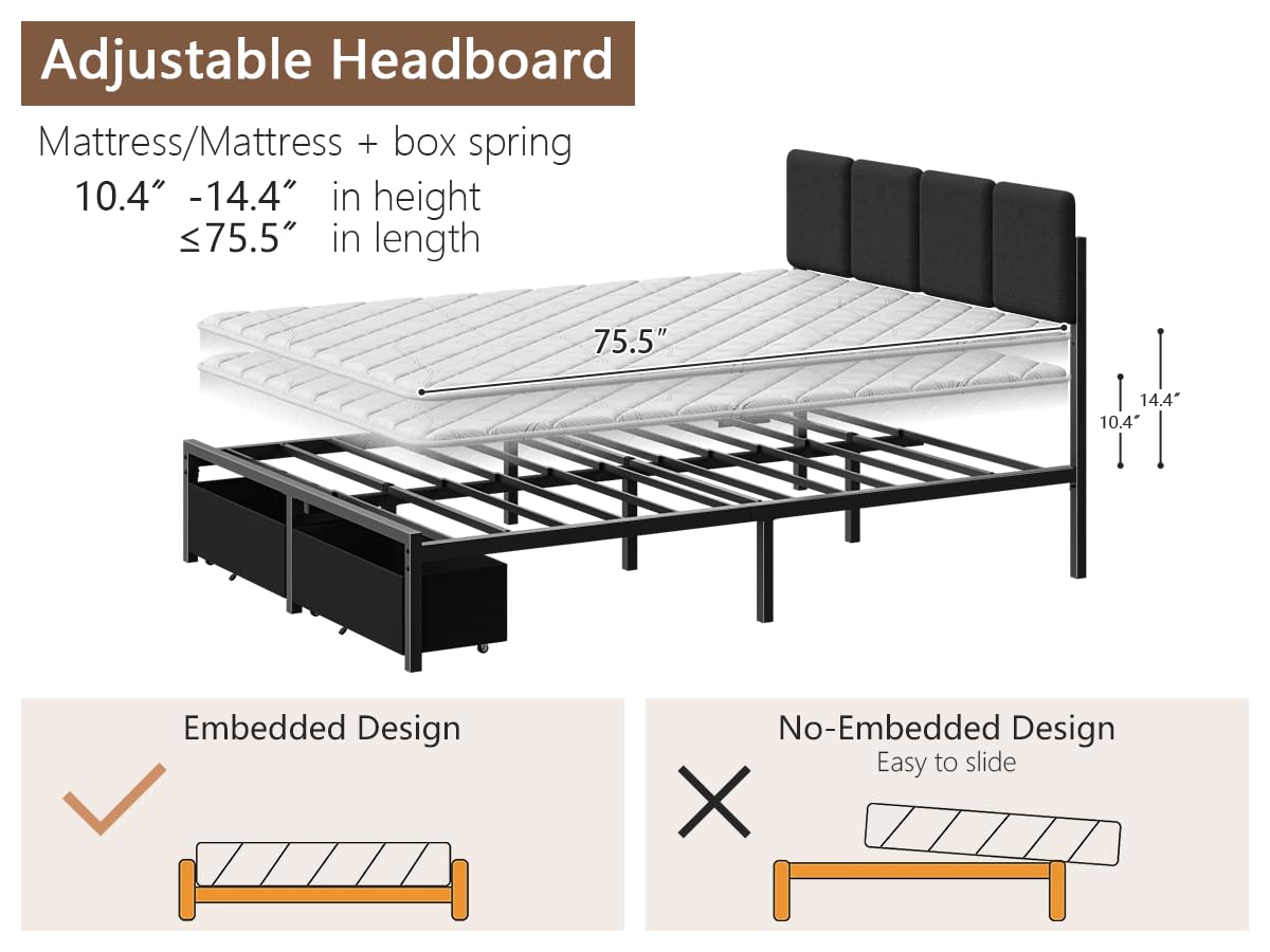 Base de cama de tamaño matrimonial con cabecero, cama tapizada matrimonial con luz LED, estación de carga USB, base de cama de plataforma con 2 cajones de almacenamiento debajo de la cama, no 7