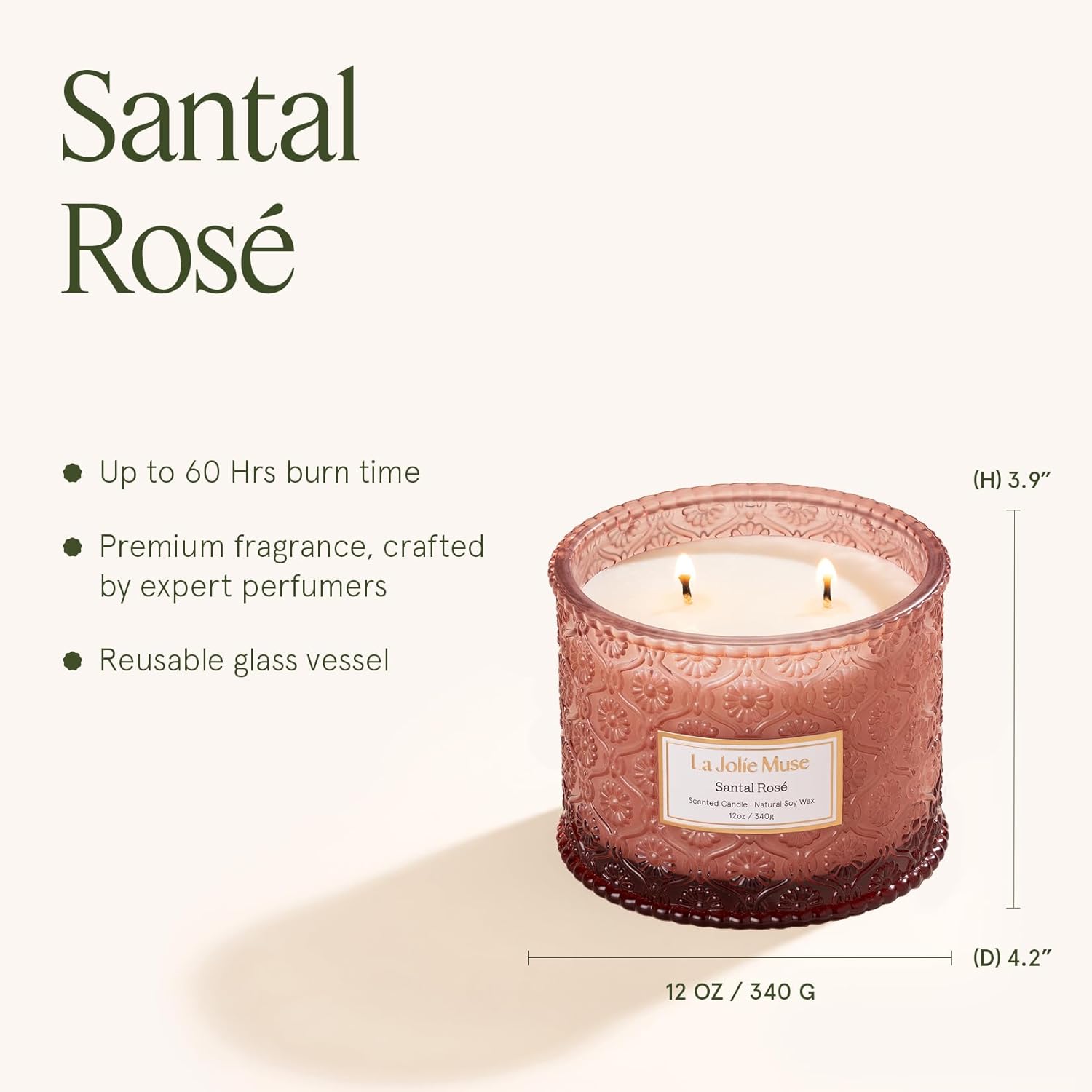 LA JOLIE MUSE Santal Rosé Candle - Saffron, Rose, Patchouli | 12 oz Large 2-Wick Soy Wax Candle | 60 Hours Clean Burn | Valentines Day Gifts for Her | Elegant Home Décor - Image 5