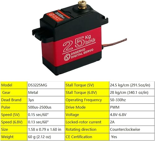 Vista 7 de 4 piezas DS3225 55.1 lbs Digital Rc Servo, alto par de torsión impermeable completo engranaje de metal RC DS servo motor con servo brazo 25T