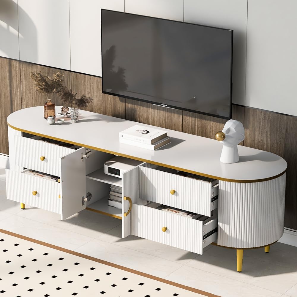Luxury Fluted TV Stand, Modern Entertainment Center with Storage Cabinet and Drawers for TVs Up to 80 inches, TV Console with Gold Legs, Curved Profile Design, Media Console for Living Room