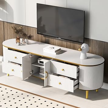Luxury Fluted TV Stand, Modern Entertainment Center with Storage Cabinet and Drawers for TVs Up to 80 inches, TV Console with Gold Legs, Curved Profile Design, Media Console for Living Room