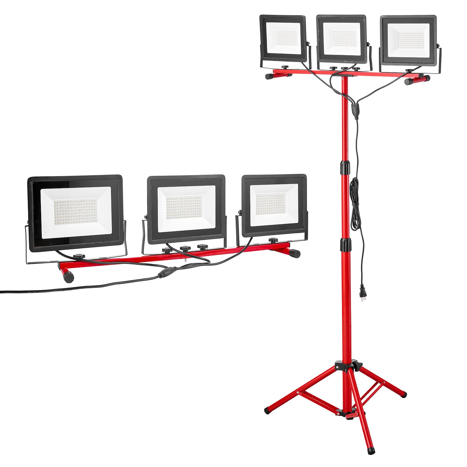 VEVOR Lampada da Lavoro a LED con Treppiede, 15000 Lumen, Lampada da Campeggio Portatile a Tre Teste con Interruttore Individuale, Cavo di Alimentazione da 3,​3 m, Impermeabile IP65