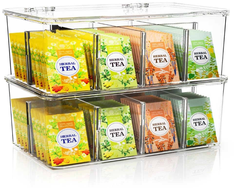 Utopia Home - Tea Bag Organizer With Lids, (2 Pack) Clear Pantry Storage Box - Stackable Partition...