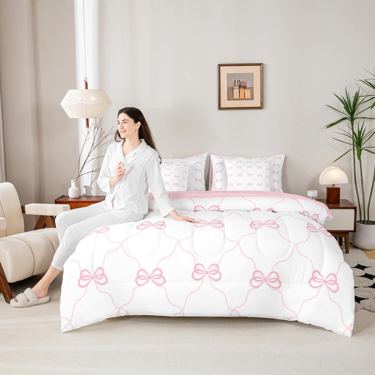 Pink Bow Twin Comforter Set with Sheets for Kids Boys Girls Bows and Stripes 7 Pieces Bedding Set Bowknot Bed in a Bag Kawaii Room Decor Soft Lightweight Microfiber