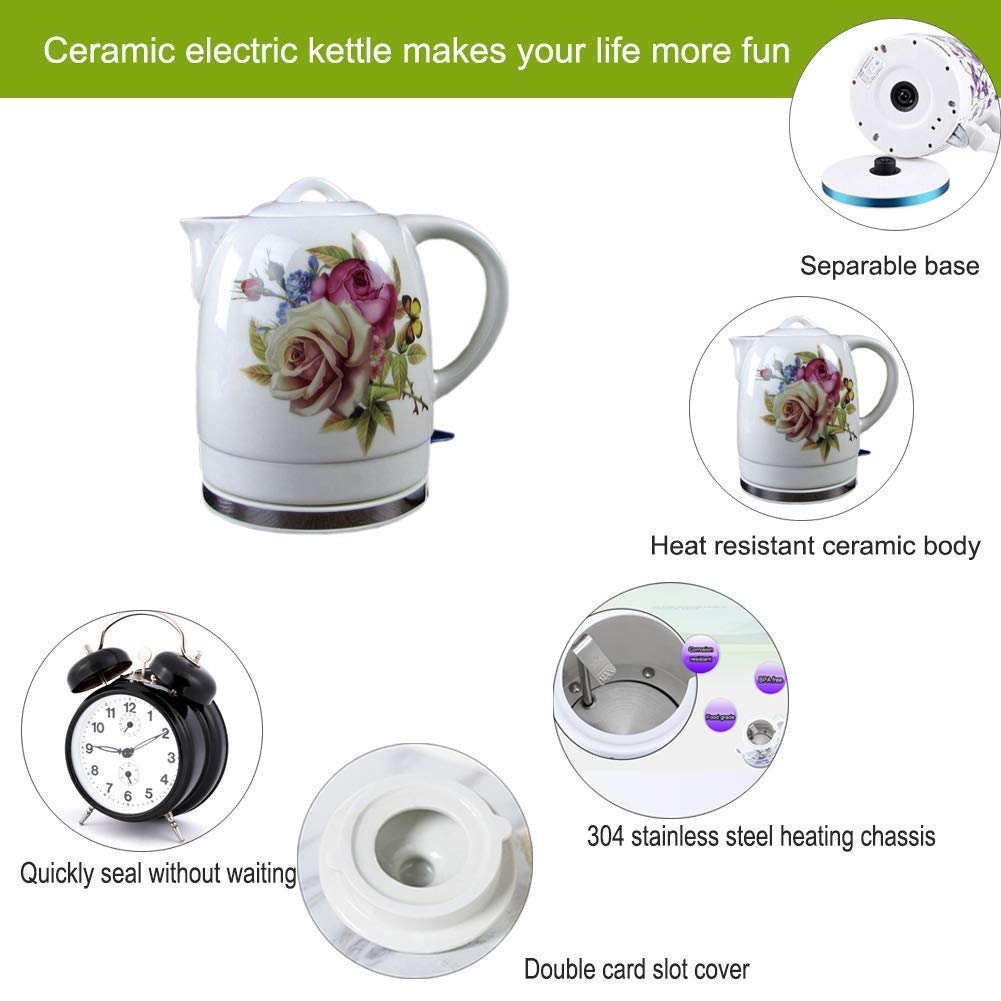 Teiera per acqua senza fili con bollitore elettrico in ceramica, teiera retrò da 1,8 litri, 2350 W per acqua veloce per tè, caffè, zuppa, base rimovibile per farina d'avena, spegnimento automatico,