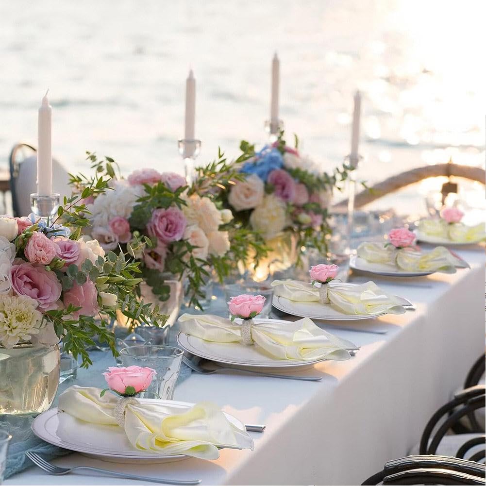 Set Di 12 Portatovaglioli Con Fiore Di Rosa, In Lino E Tessuto, 4 Colori (rosso, Bianco, Blu, Rosa), Per Decorazioni Tavola