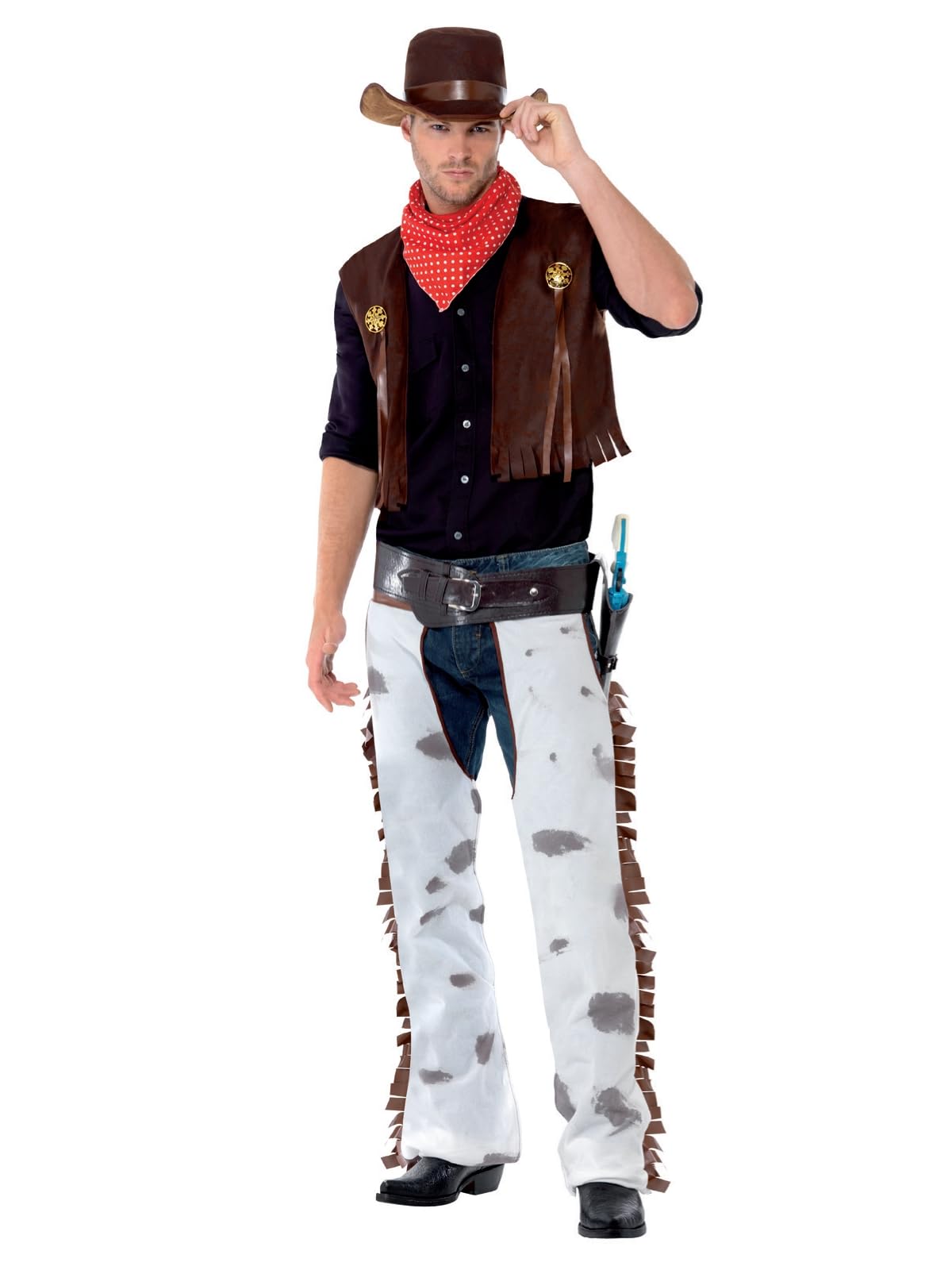 Smiffy's Adult Men's Cowboy Costume, Waistcoat, Chaps, Scarf And Hat, Western, Brown