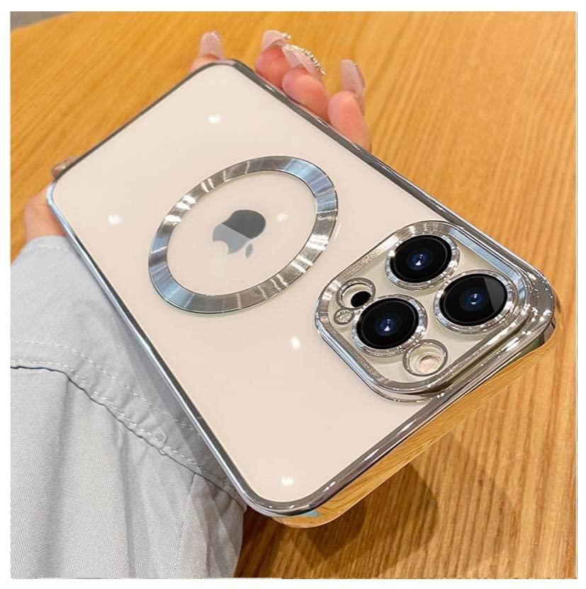 Image of MIDOS Silicone Back Cover Ring Logo Cut Compatible With iPhone 14 Pro Max Lens Protection Chrome Back Case Cover For-iPhone 14 Pro Max (2022) 6.7[Silver ]