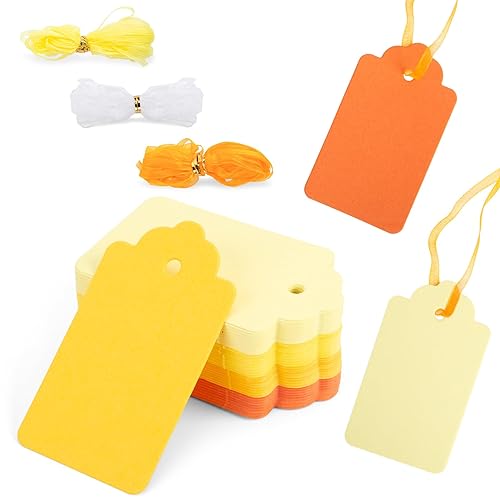 SallyFashion 100PCS Gift Tags, Yellow Paper Tags Hanging Label with Organza Ribbons for Gift Wrapping Fall Thanksgiving DIY Crafts Decoration - 100pcs Yellow
