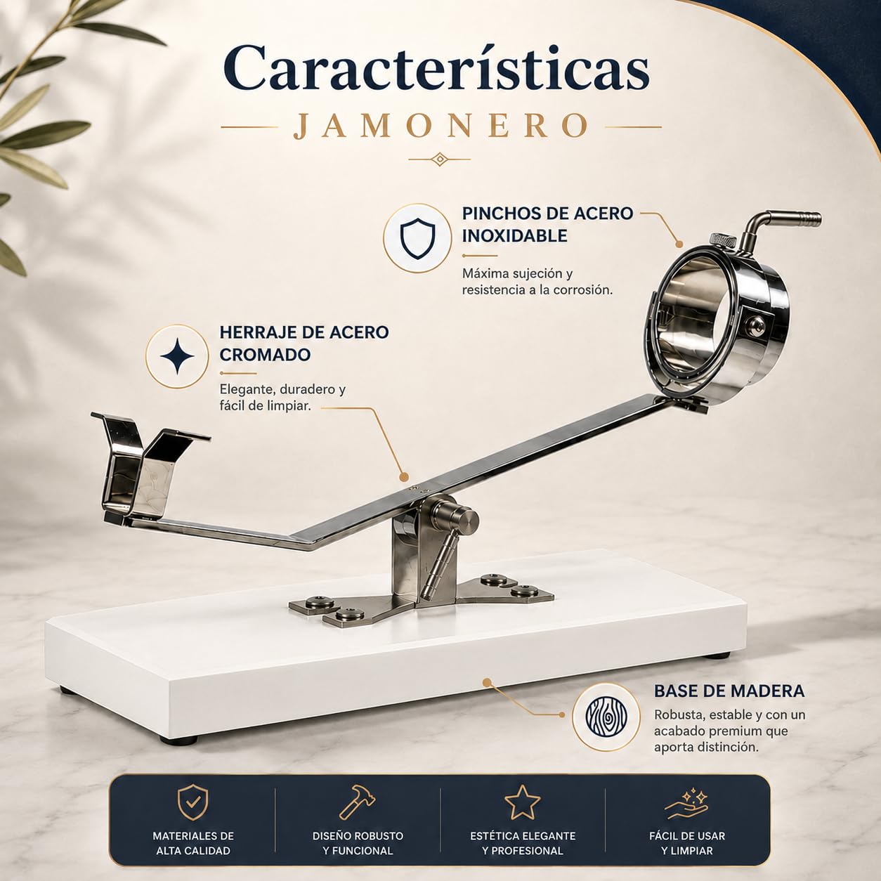 FERRETERIA LEPANTO Porta prosciutto girevole basculante, supporto per prosciutto + set di taglio con coltello per prosciutto, tronchese e copriprosciutto: (base in legno bianco)