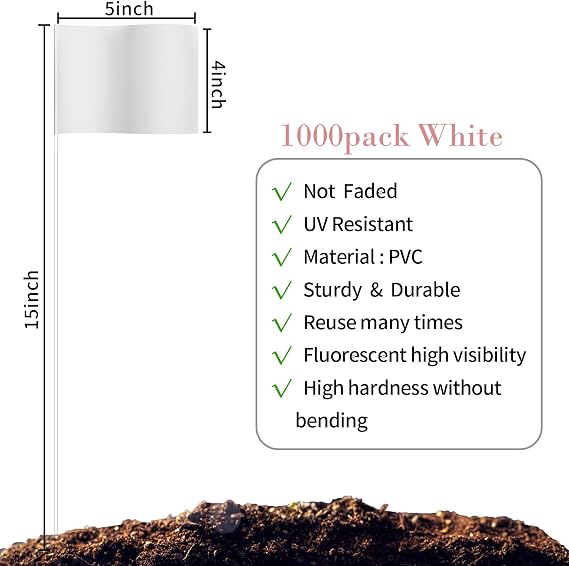Zozen Marking Flags, White Color | 1000 Pcs/15x4x5 Inch, Yard Flags for Lawn & Irrigation & Landscape & Sprinkler & Survey & Dog Training.