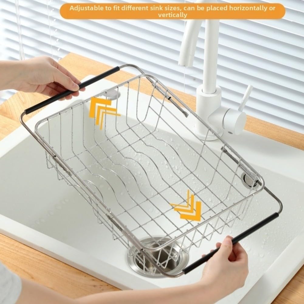 Cesta telescópica de acero inoxidable para fregadero con drenaje de malla y ranuras organizadoras para un secado eficiente (D)