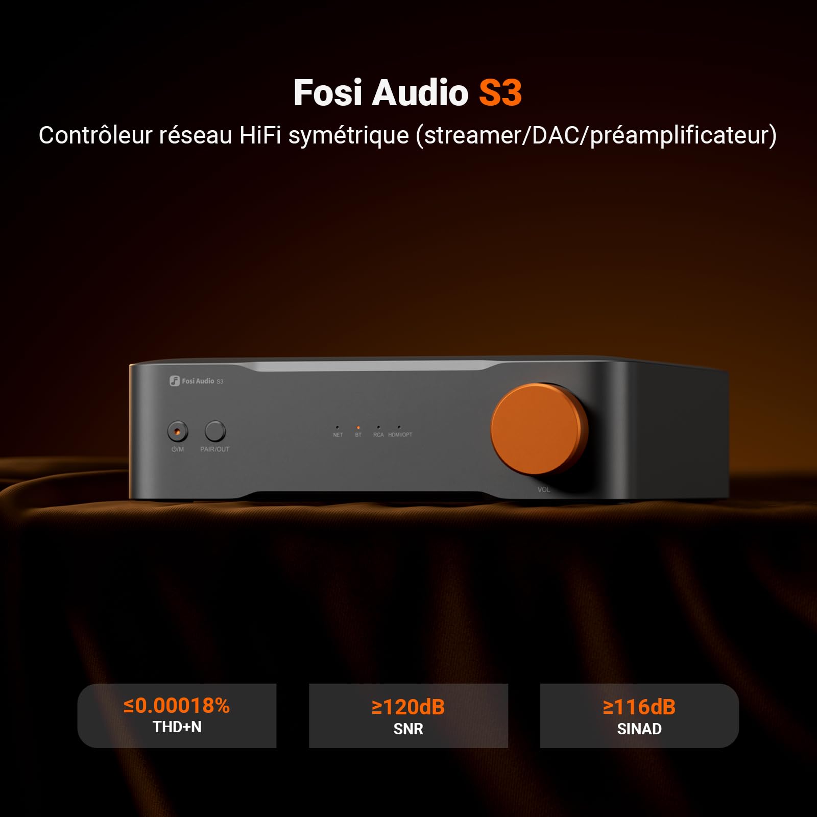 Fosi Audio S3 Music Streamer & Préampli DAC HiFi, AK4493SEQ DAC Wi-FI 6 Bluetooth 5.3, Transport Numérique avec XLR Symétrique/Opt/Sub/HDMI eARC, AirPlay 2 Spotify Connect Tidal, Égaliseur 10 Bandes | AK4493SEQ DAC, Wi-Fi 6 Bluetooth 5.3, XLR équilibré/op